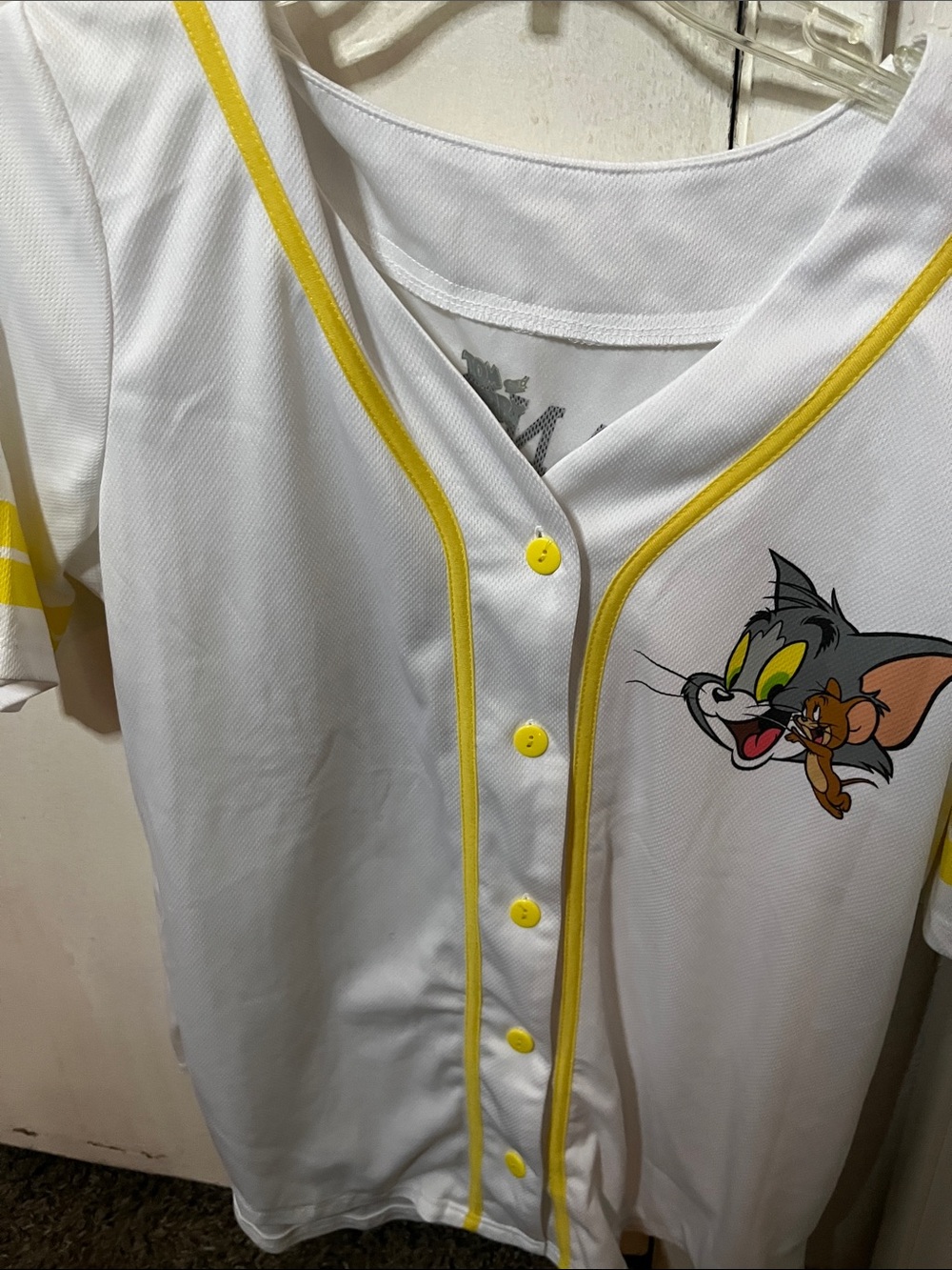 Tom and Jerry White Baseball Jersey with Yellow Trim